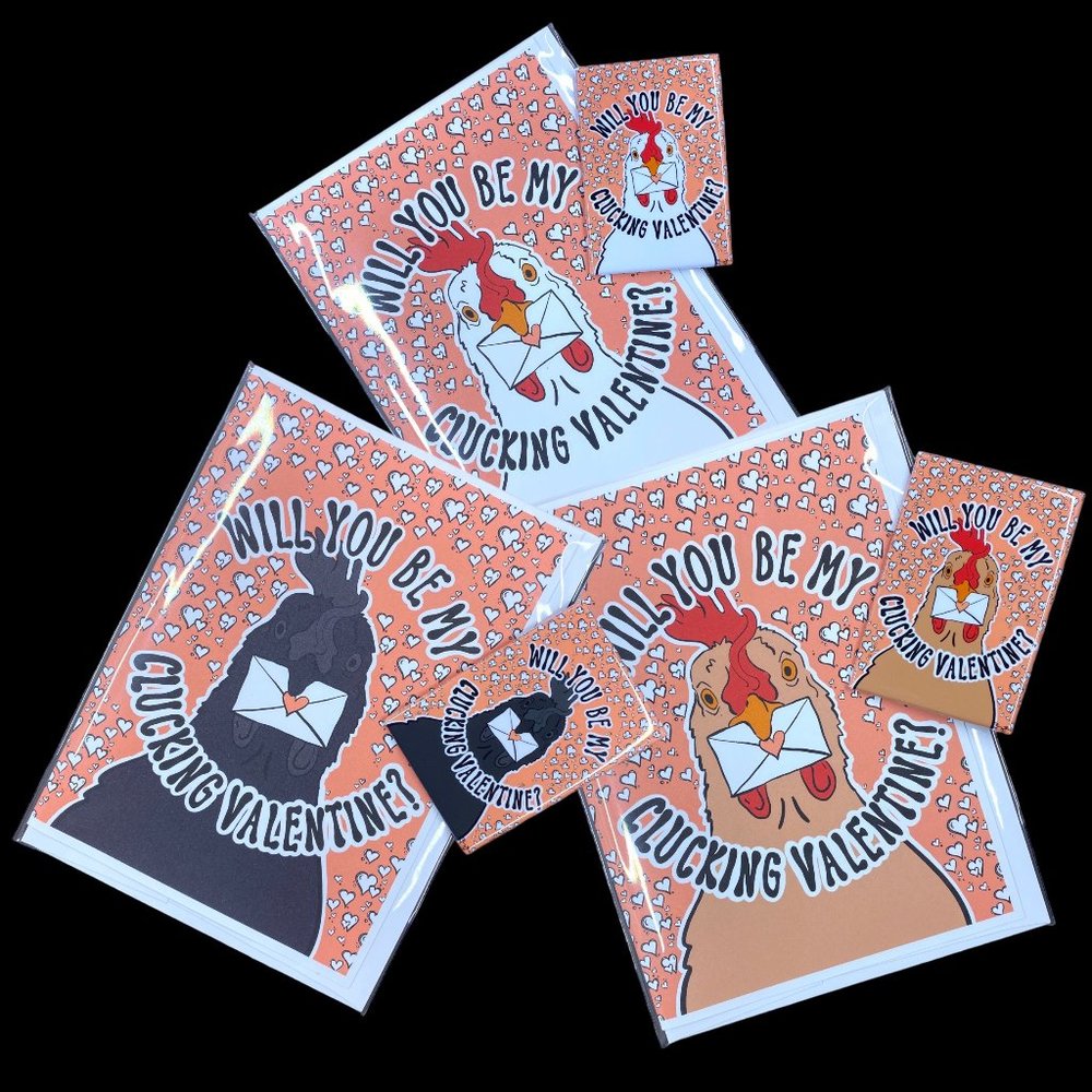 Chicken Valentine's Day Card and Matching Magnet Set Handmade